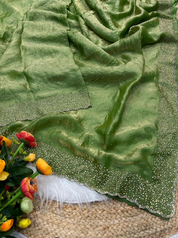 W22031  Instagram Trending Premium Space Silk saree with Jarkhan stone work - Green