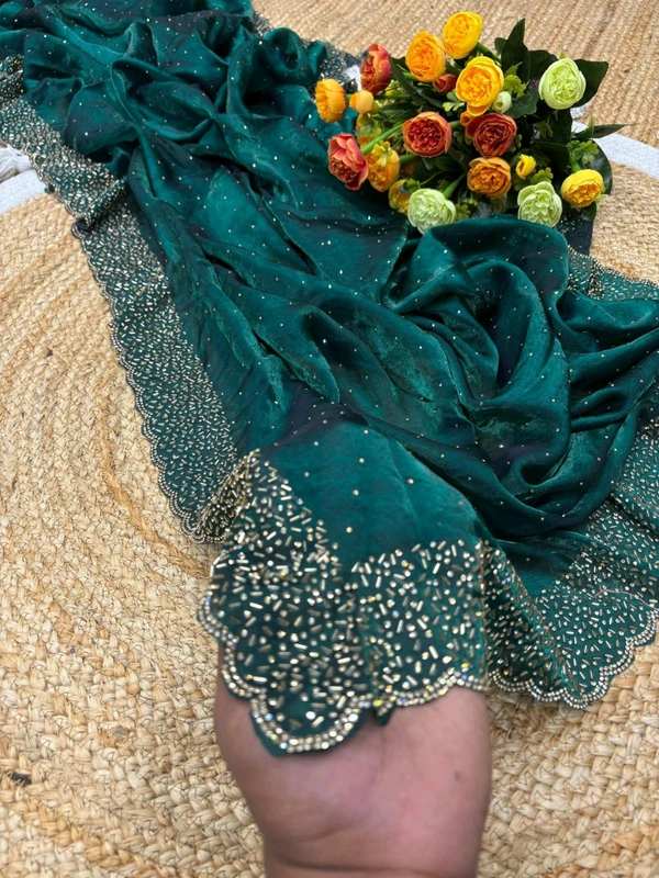 W22031  Instagram Trending Premium Space Silk saree with Jarkhan stone work - Teal