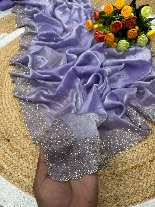 W22031  Instagram Trending Premium Space Silk saree with Jarkhan stone work - Levender