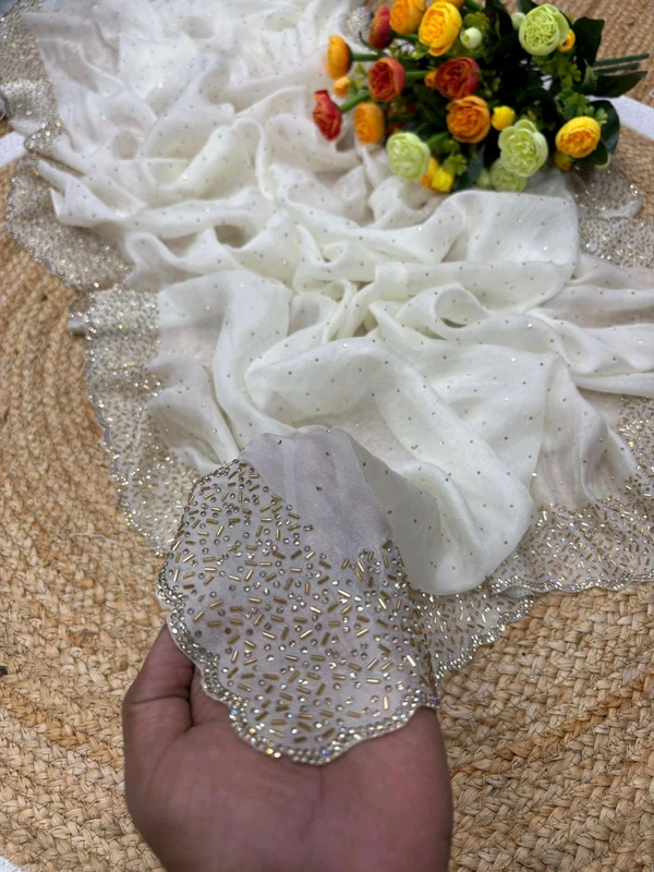 W22031  Instagram Trending Premium Space Silk saree with Jarkhan stone work - White