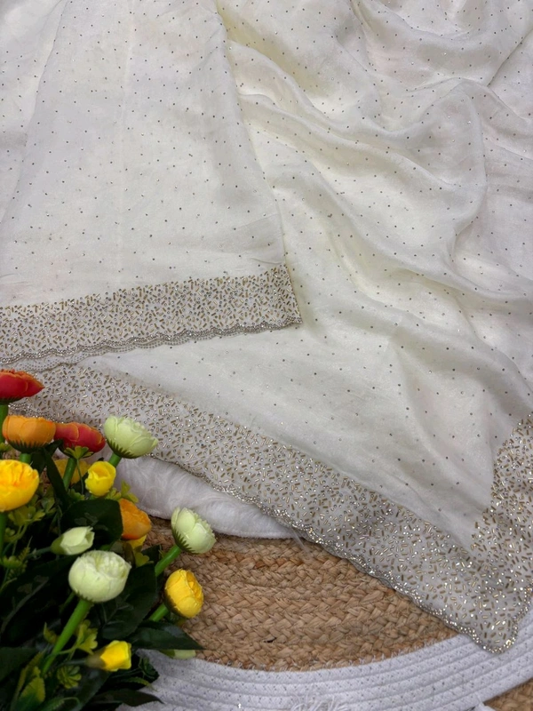 W22031  Instagram Trending Premium Space Silk saree with Jarkhan stone work - White