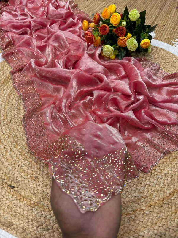 W22031  Instagram Trending Premium Space Silk saree with Jarkhan stone work - Sundown