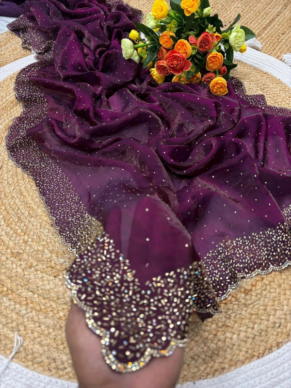 W22031  Instagram Trending Premium Space Silk saree with Jarkhan stone work - megenda