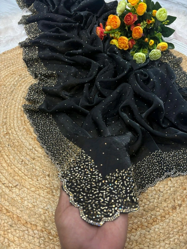 W22031  Instagram Trending Premium Space Silk saree with Jarkhan stone work - Black