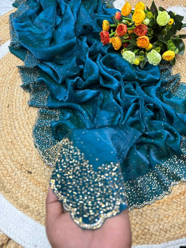 W22031  Instagram Trending Premium Space Silk saree with Jarkhan stone work - Fun Blue