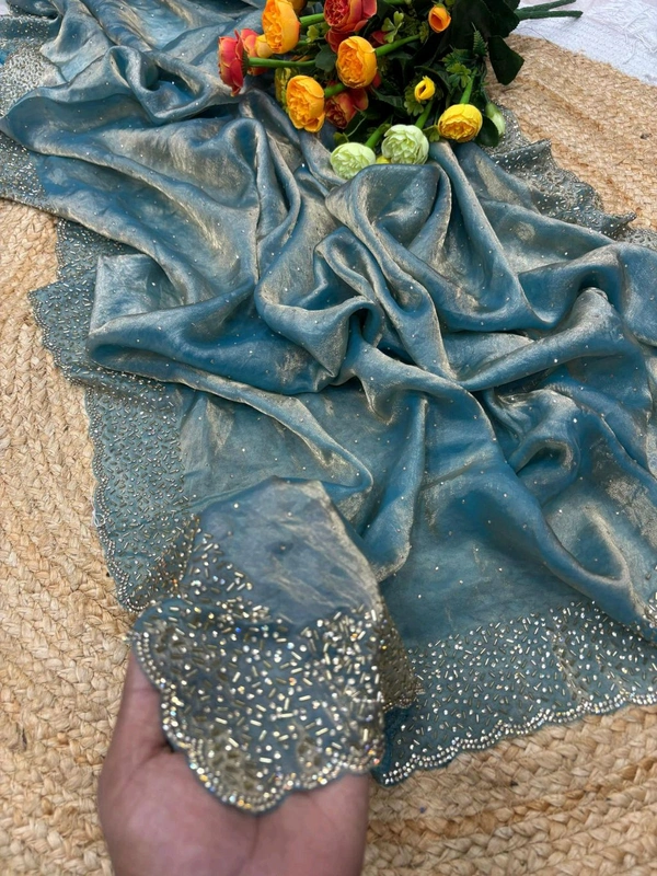 W22031  Instagram Trending Premium Space Silk saree with Jarkhan stone work - Java