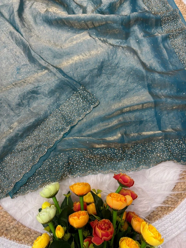 W22031  Instagram Trending Premium Space Silk saree with Jarkhan stone work - Java