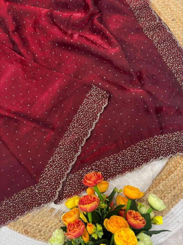 W22031  Instagram Trending Premium Space Silk saree with Jarkhan stone work - Maroon