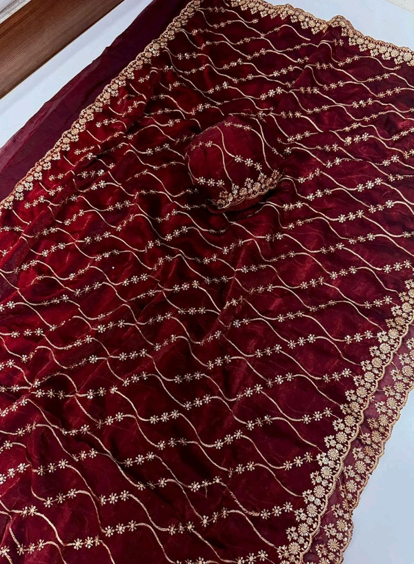 W22083 Bollywood Inspired Embroidery Work Space Silk Saree - Rich Red