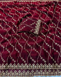 W22083 Bollywood Inspired Embroidery Work Space Silk Saree - Rich Red