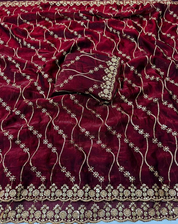 W22083 Bollywood Inspired Embroidery Work Space Silk Saree - Rich Red