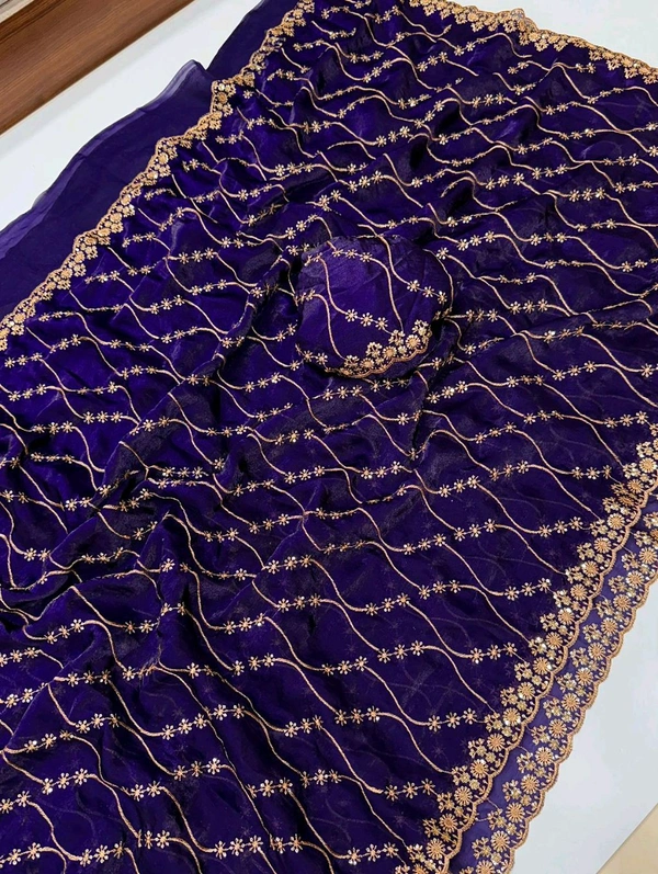 W22083 Bollywood Inspired Embroidery Work Space Silk Saree - Purple