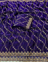 W22083 Bollywood Inspired Embroidery Work Space Silk Saree - Purple