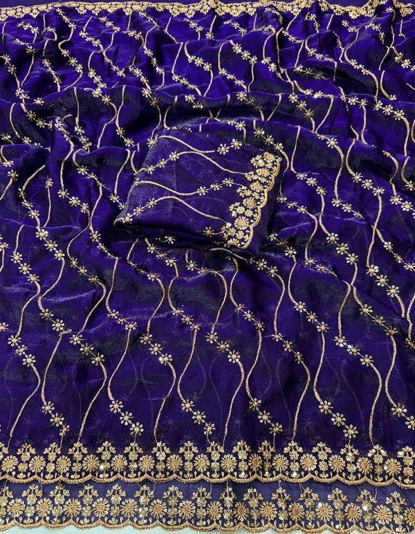 W22083 Bollywood Inspired Embroidery Work Space Silk Saree - Purple
