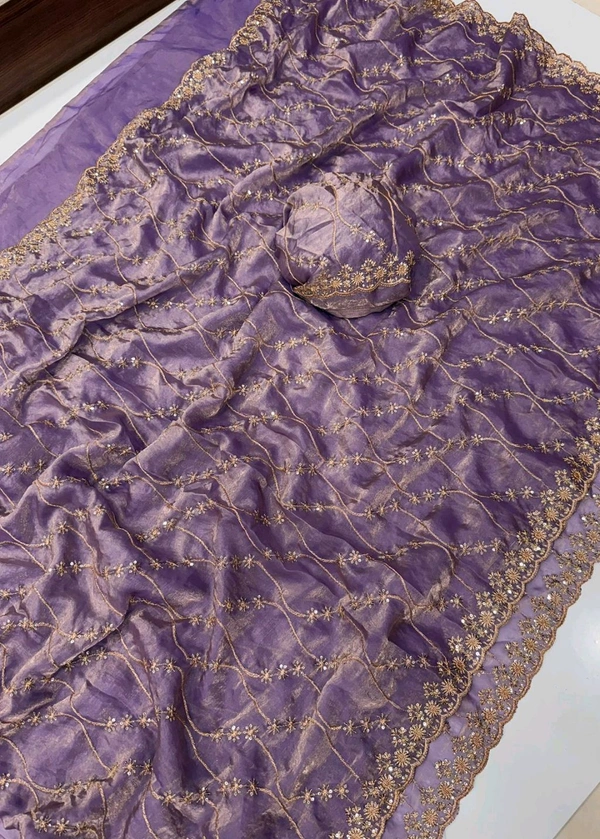 W22083 Bollywood Inspired Embroidery Work Space Silk Saree - Levender