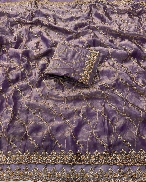 W22083 Bollywood Inspired Embroidery Work Space Silk Saree - Levender