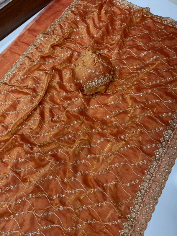 W22083 Bollywood Inspired Embroidery Work Space Silk Saree - orange