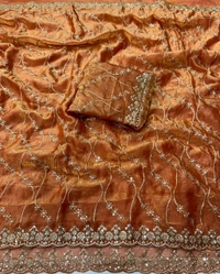W22083 Bollywood Inspired Embroidery Work Space Silk Saree - orange