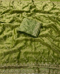 W22083 Bollywood Inspired Embroidery Work Space Silk Saree - green