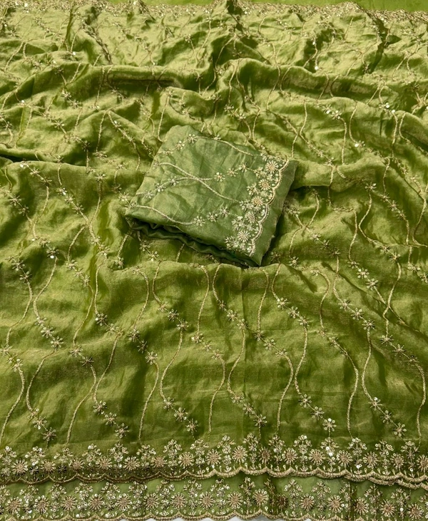 W22083 Bollywood Inspired Embroidery Work Space Silk Saree - green