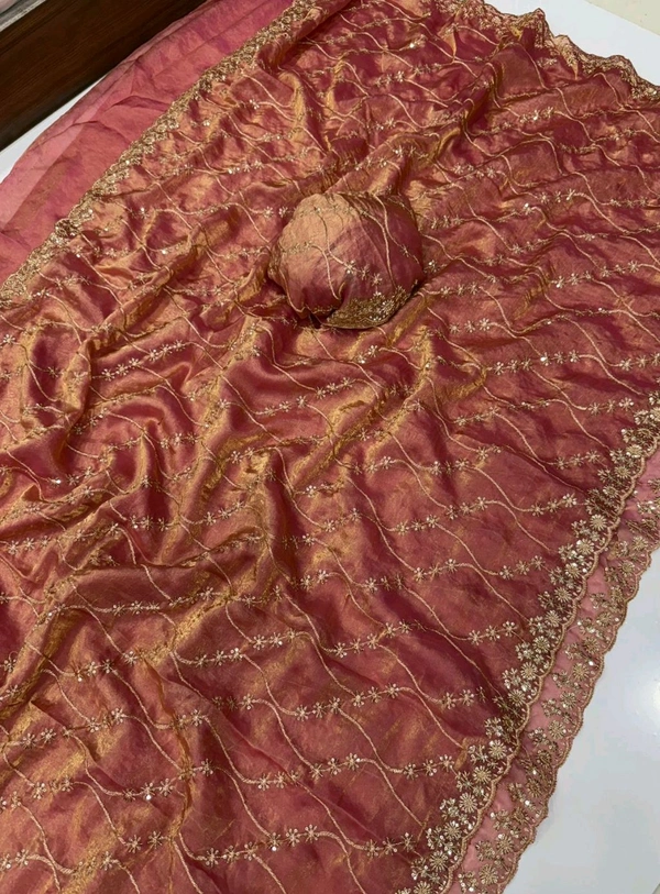 W22083 Bollywood Inspired Embroidery Work Space Silk Saree - Peach