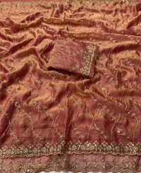 W22083 Bollywood Inspired Embroidery Work Space Silk Saree - Peach