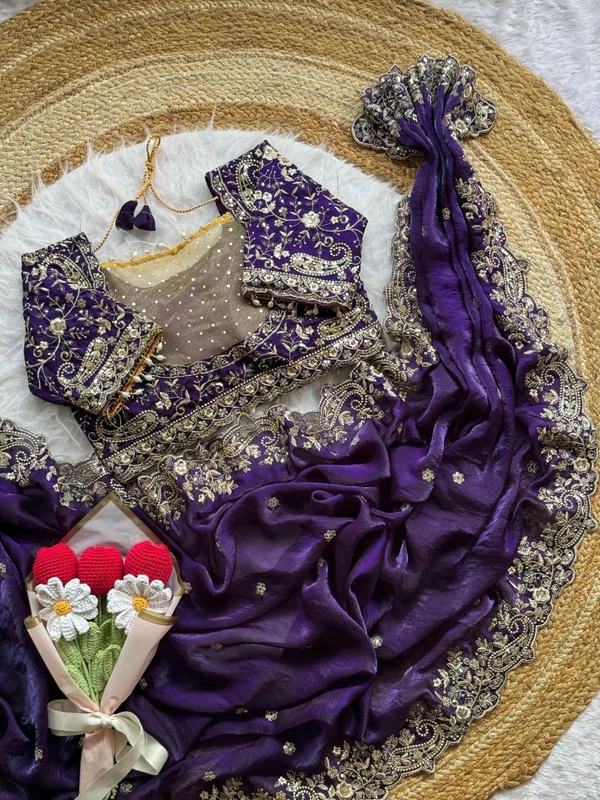 W77108 Trending Space Silk Saree With Net Work Stitched Blouse  - Purple