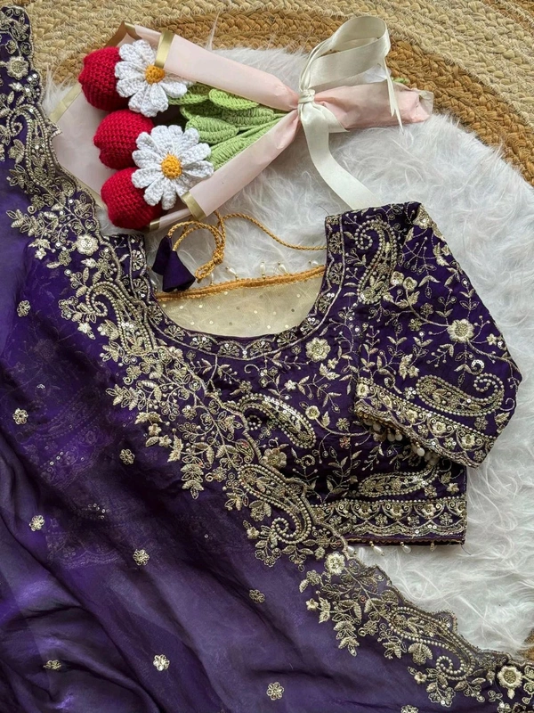 W77108 Trending Space Silk Saree With Net Work Stitched Blouse  - Purple