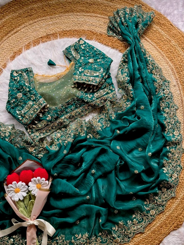 W77108 Trending Space Silk Saree With Net Work Stitched Blouse  - Teal