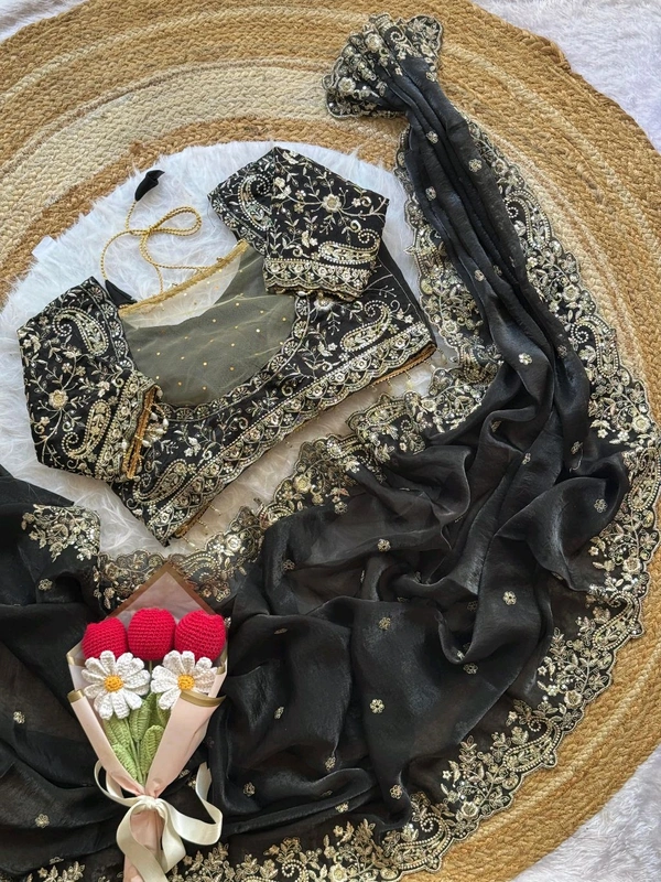 W77108 Trending Space Silk Saree With Net Work Stitched Blouse  - Black