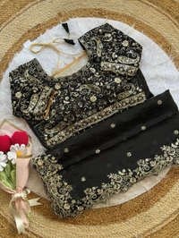 W77108 Trending Space Silk Saree With Net Work Stitched Blouse  - Black