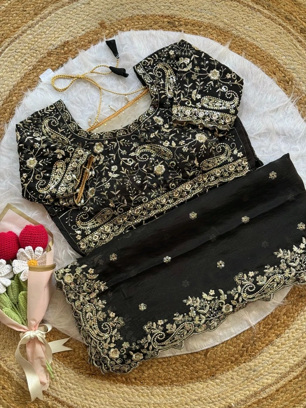 W77108 Trending Space Silk Saree With Net Work Stitched Blouse  - Black
