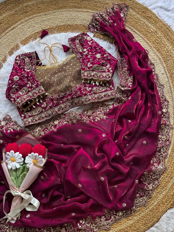 W77108 Trending Space Silk Saree With Net Work Stitched Blouse  - Megenda