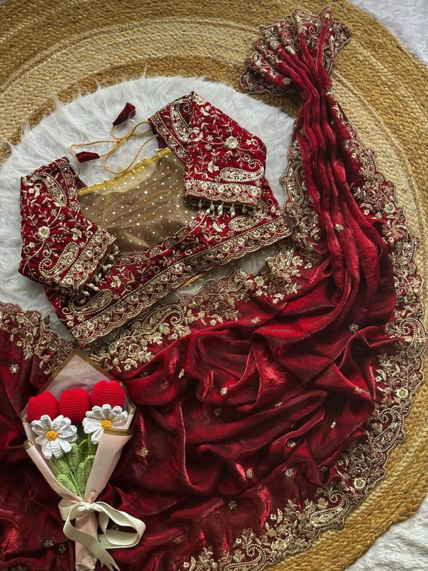 W77108 Trending Space Silk Saree With Net Work Stitched Blouse  - Bright Red