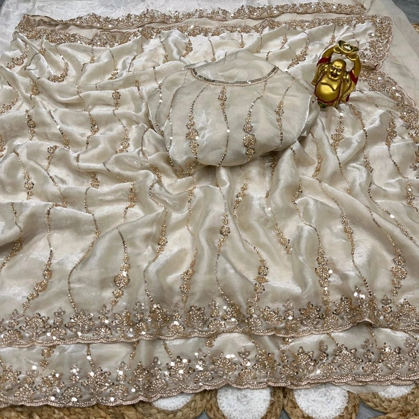 W78231 New Design Launch in bollywood trending space silk original gold beeds work saree - cream