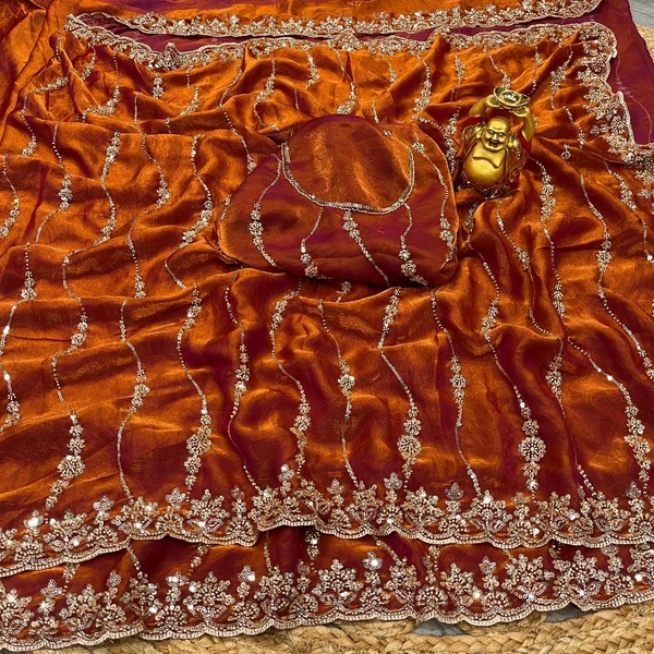 W78231 New Design Launch in bollywood trending space silk original gold beeds work saree - Orange