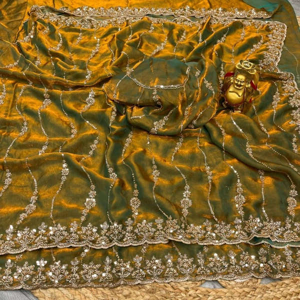 W78231 New Design Launch in bollywood trending space silk original gold beeds work saree - Mehedi colour