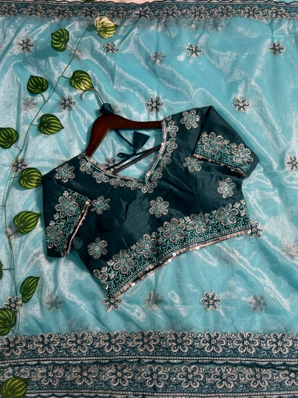 W93010 coming up with New Designner beautiful party wear soft silk fabric Embroidery Sequence and multi Lace work Saree - Sky blue