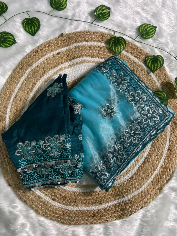 W93010 coming up with New Designner beautiful party wear soft silk fabric Embroidery Sequence and multi Lace work Saree - Sky blue