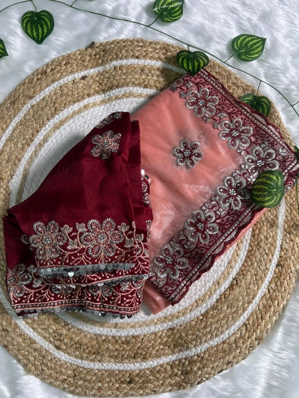 W93010 coming up with New Designner beautiful party wear soft silk fabric Embroidery Sequence and multi Lace work Saree - Peach