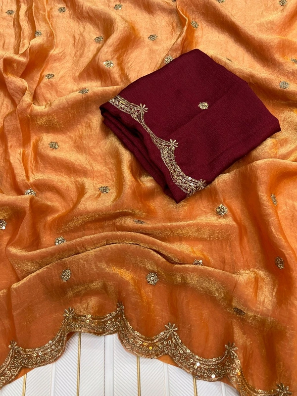 W93038 Heavy C Pallu Work Space Silk Saree  - Orange