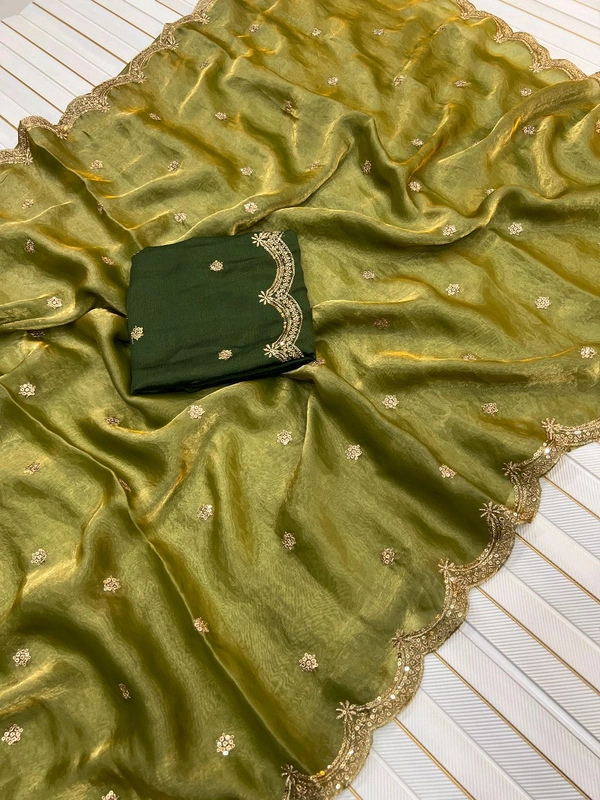 W93038 Heavy C Pallu Work Space Silk Saree  - Mehedi