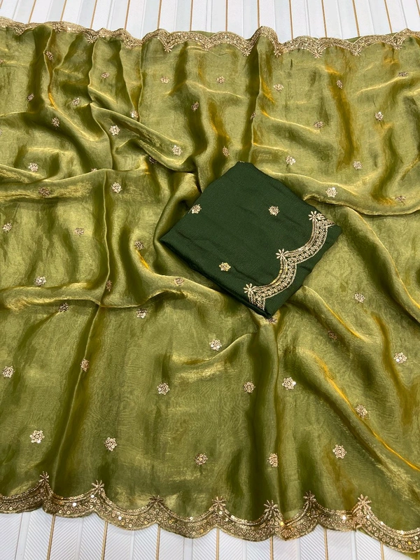 W93038 Heavy C Pallu Work Space Silk Saree  - Mehedi