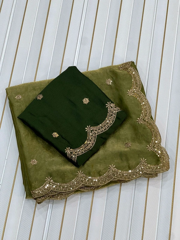 W93038 Heavy C Pallu Work Space Silk Saree  - Mehedi