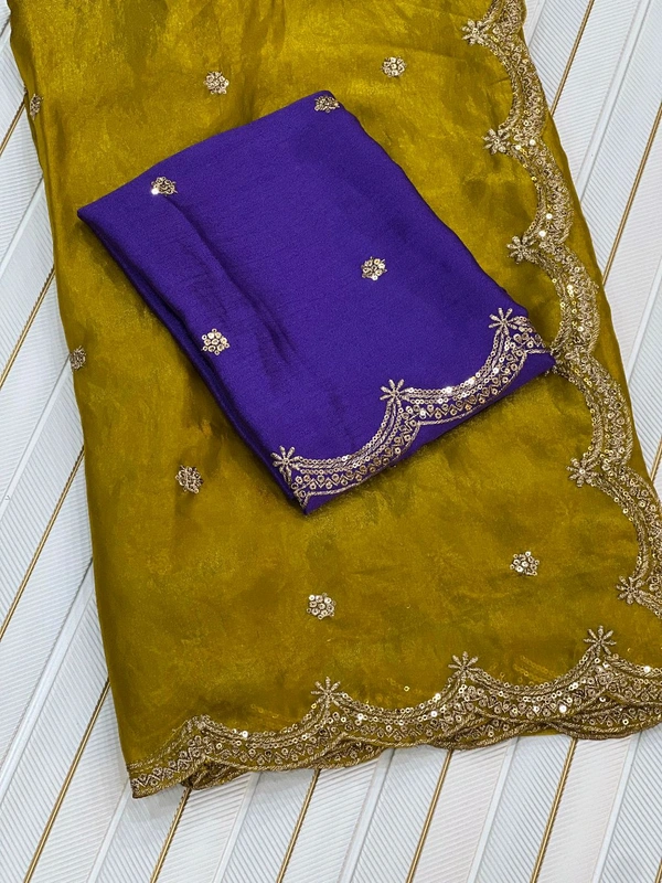 W93038 Heavy C Pallu Work Space Silk Saree  - Gold