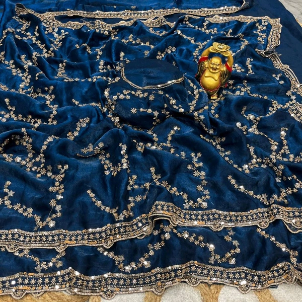 W78294 Bollywood inspired Grand party wear saree in original gold beeds work - Treal Blue