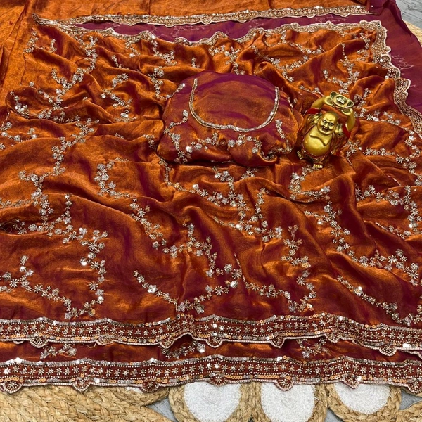 W78294 Bollywood inspired Grand party wear saree in original gold beeds work - Rust Orange