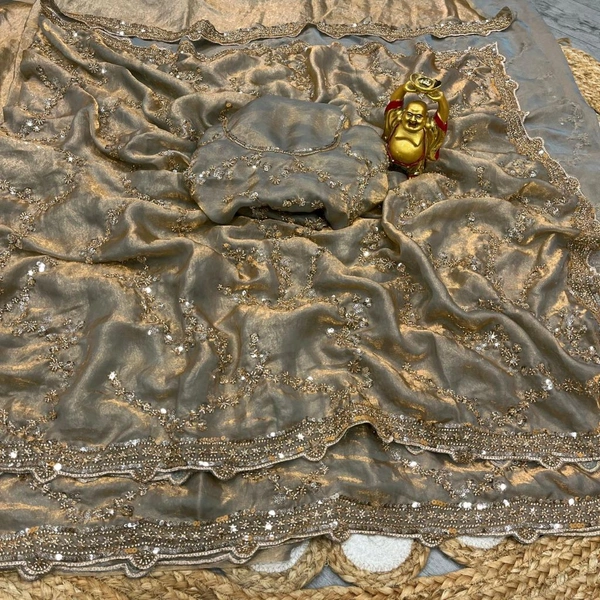 W78294 Bollywood inspired Grand party wear saree in original gold beeds work - Gray