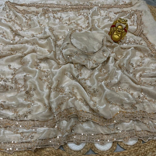W78294 Bollywood inspired Grand party wear saree in original gold beeds work - Stark White
