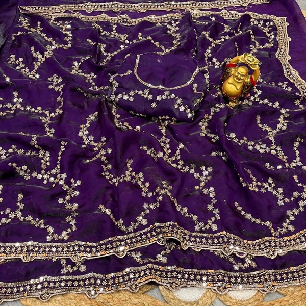 W78294 Bollywood inspired Grand party wear saree in original gold beeds work - Purple